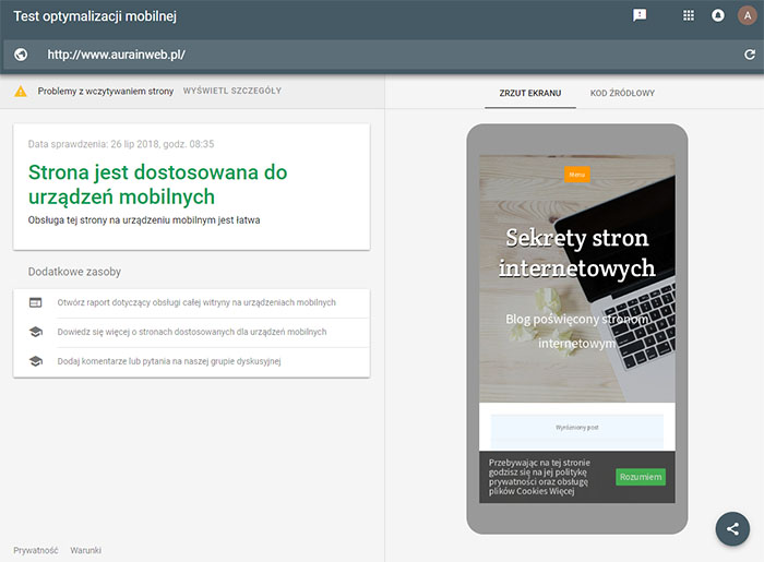 Test optymalizacji mobilnej - Google
