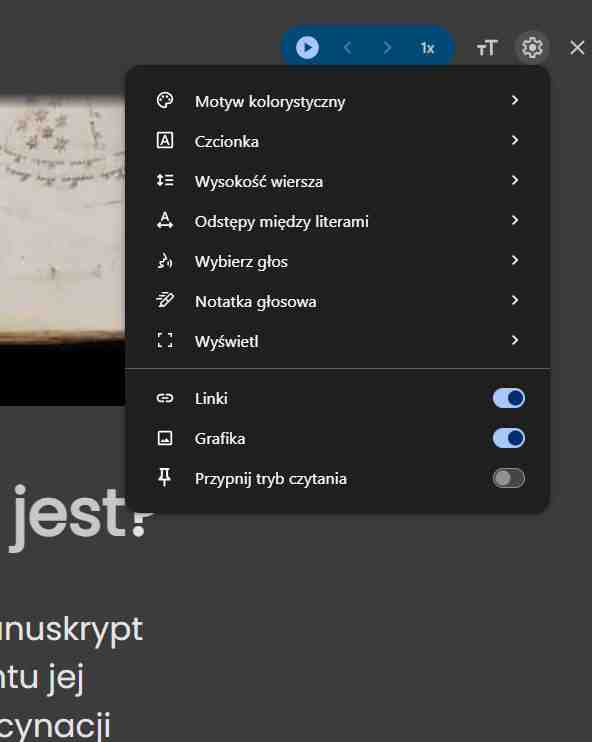 opcje dostępne w trybie czytania Google Chrome